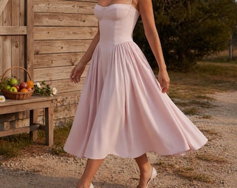 ピンクサテンミディドレス｜コルセット付きブライズメイドウェディングドレス｜チュールフォーマルガウン（女性用）｜エレガントなパーティードレス｜ロマンチックなイブニングドレス