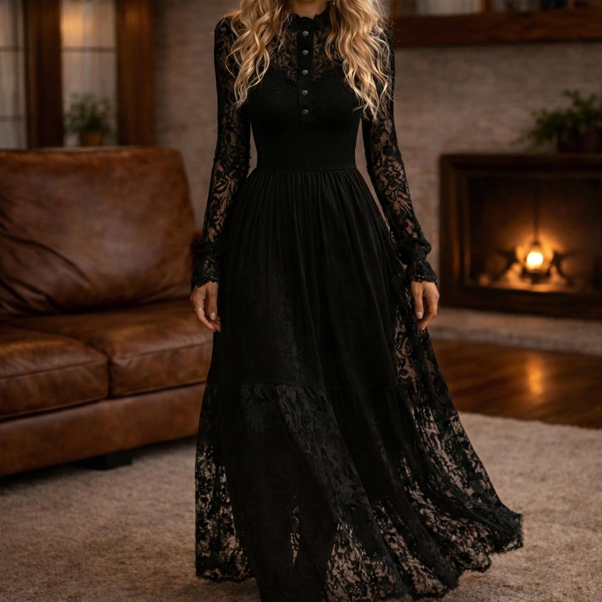 Boho Black Lace Maxi Dress - Etsy Boho Black Lace Maxi Dress - Etsy