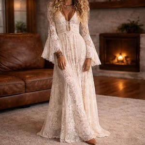 Vestido bohemio de encaje para mujer: vestido de novia bohemio de manga larga, estilo rústico, color marfil.