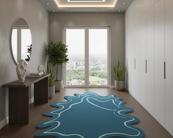Abstract Blue Area Rug | Irregular Shape Handmade Carpet
