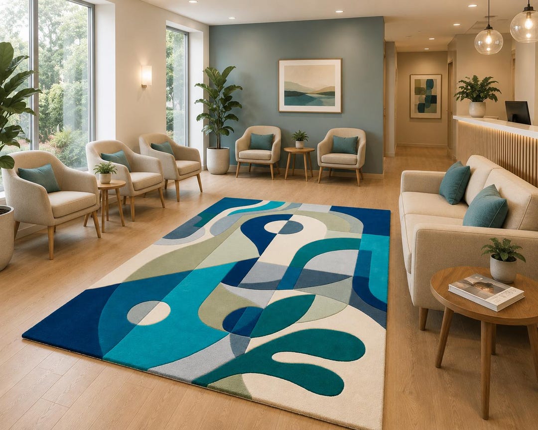 Hand Tufted Abstract Wool Area Rug – Modern Geometric Blue Teal Carpet ...
