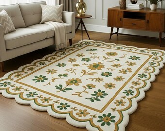 Handmade Tufted Floral Rug – Vintage Scalloped Edge, Cottagecore Decor