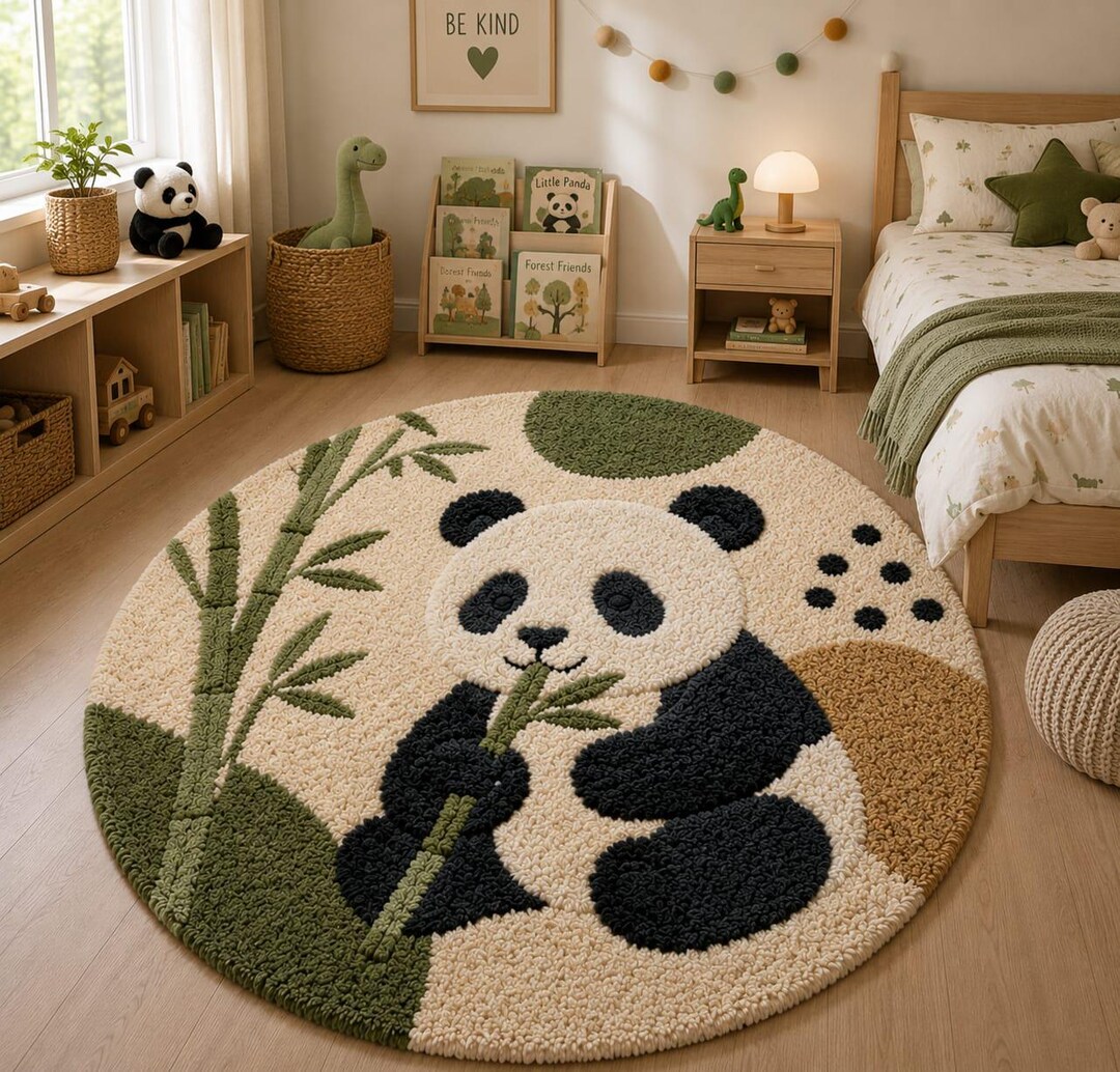 Real Panda Rug Cute Panda Hand Tufted Wool Rug, Kids Room Round Area Rug, Bamboo Panda ...