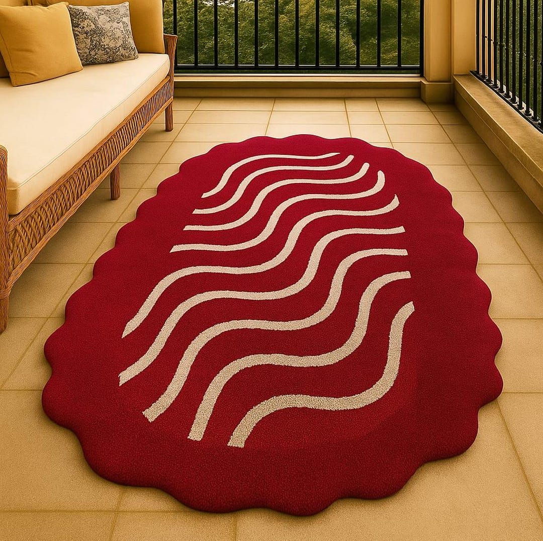 Modern Red Rug With White Wave Design - Etsy