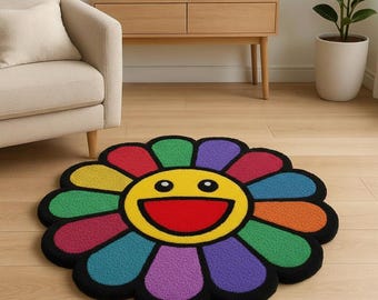 Tappeto a fiori sorridenti / Decorazione per cameretta per bambini realizzata a mano