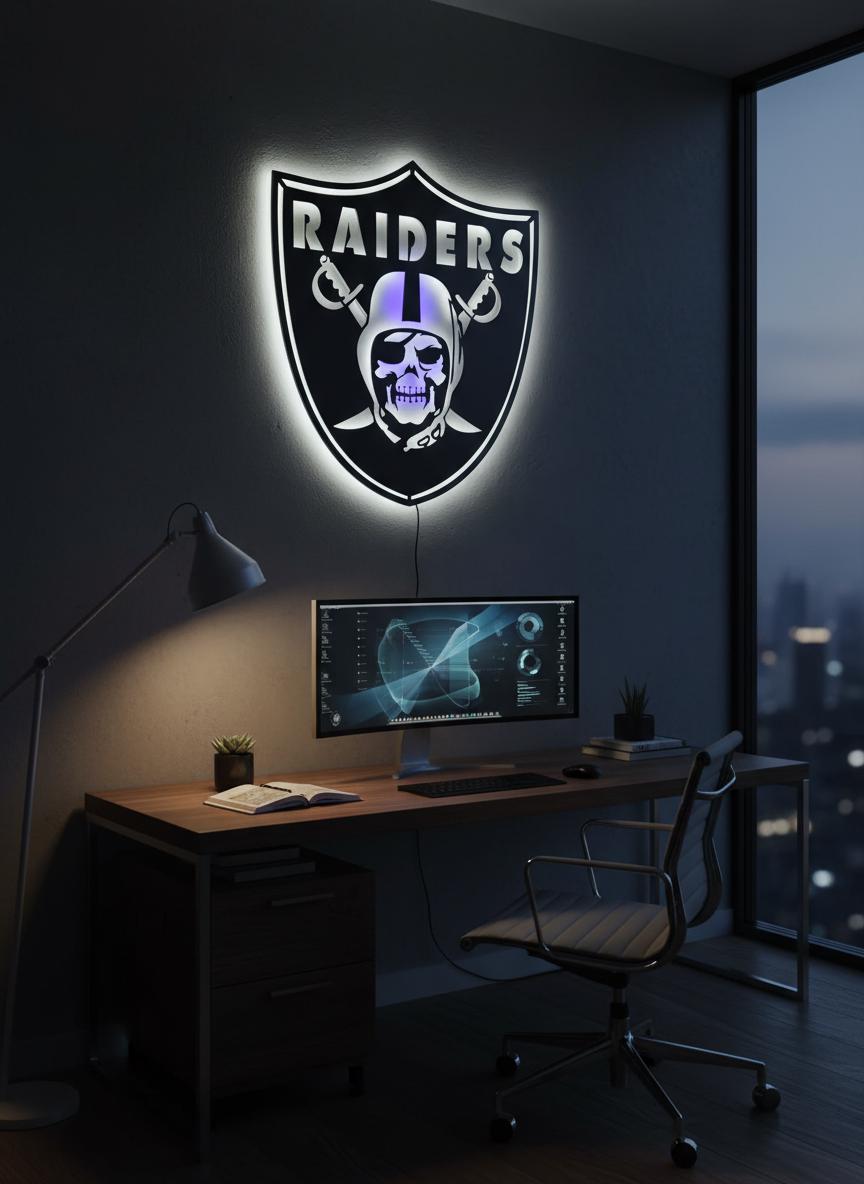 Raiders LED Wall Art - Skull Football Metal Sign - Game Room Decor