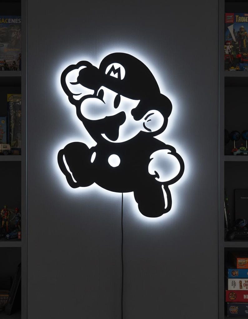 K&ouml;nnte beinhalten: Ein schwarz-wei&szlig; beleuchtetes Wandkunstwerk mit der ikonischen Mario-Figur in einer Laufpose. Das Kunstwerk hat einen hellwei&szlig;en Umriss, der einen Leuchteffekt erzeugt. Ein schwarzes Netzkabel erstreckt sich von unten.