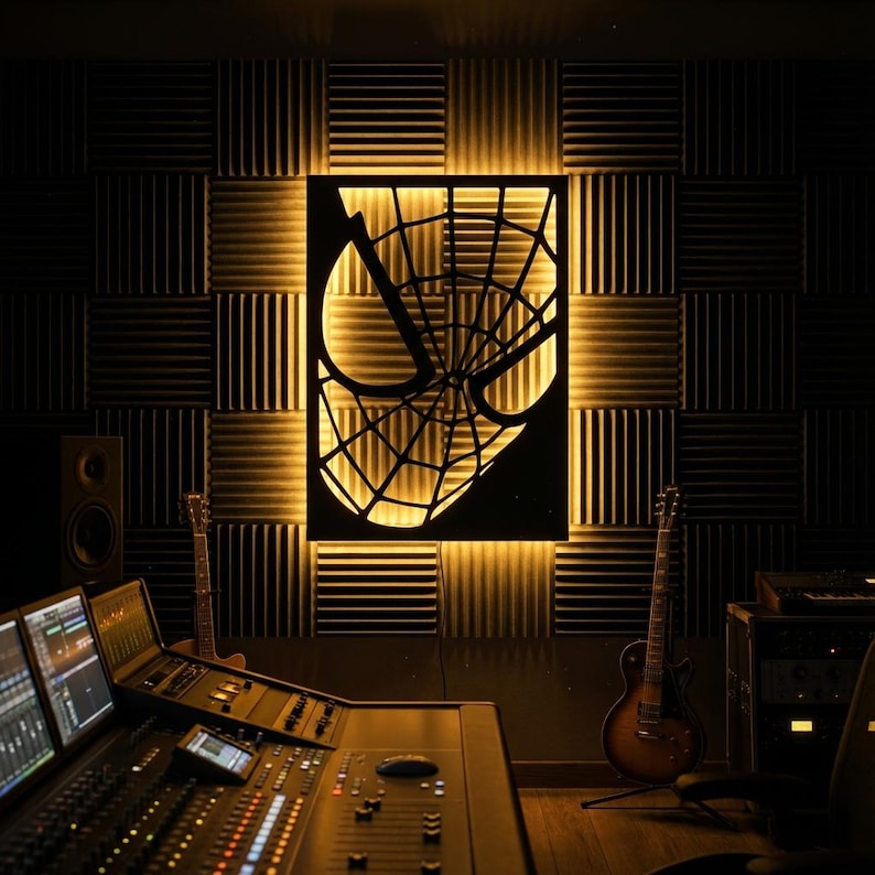 May include: A rectangular wall-mounted light fixture featuring a black cutout of a superhero mask with a web pattern. The design is backlit with a warm yellow glow, creating a silhouette effect against a dark, textured acoustic foam wall panel.