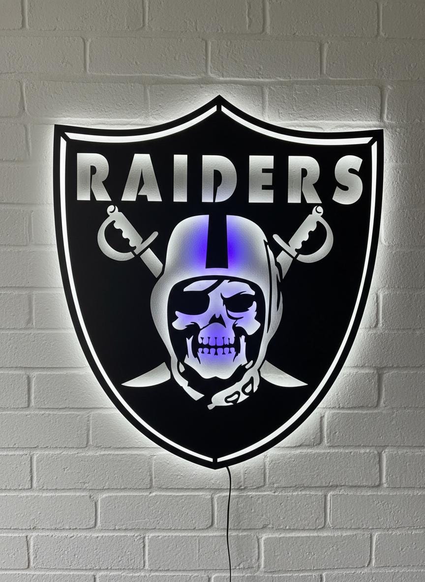 Raiders LED Wall Art - Skull Football Metal Sign - Game Room Decor