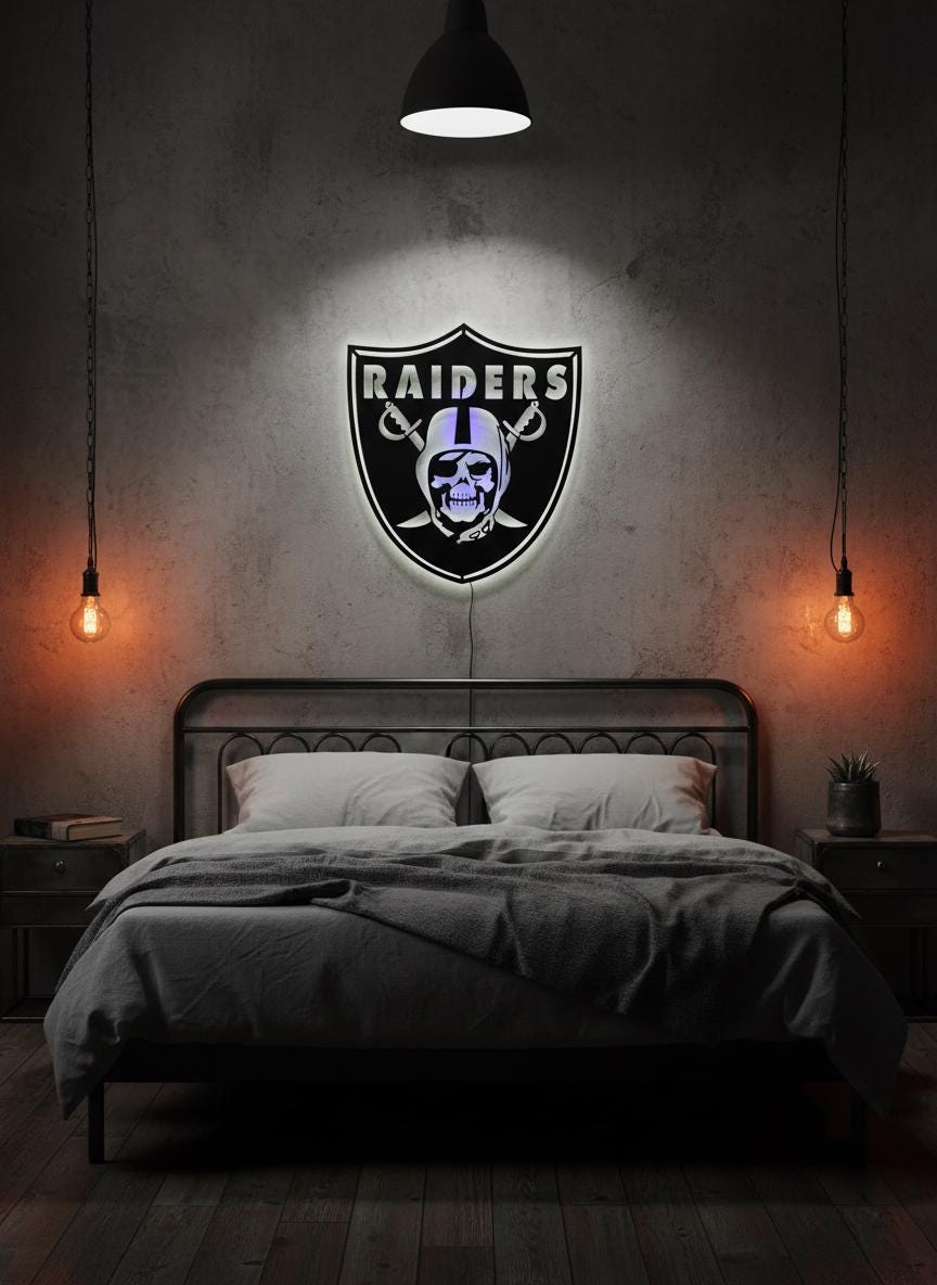 Raiders LED Wall Art - Skull Football Metal Sign - Game Room Decor