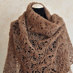 Brown hand knitted alpaca and silk shawl Oversized scarf beige shawl Light Brown Lace Shawl Brown Wrap Triangle scarf Knit bandana