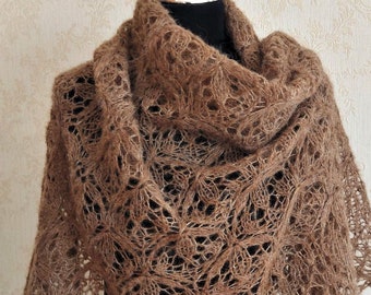 Brown hand knitted alpaca and silk shawl Oversized scarf beige shawl Light Brown Lace Shawl Brown Wrap Triangle scarf Knit bandana