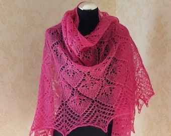 Fuchsia pink kid silk lace shawl Hand knitted large triangle wrap