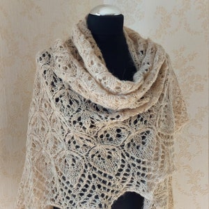 hand knitted oatmeal alpaca silk lace shawl, oversized beige shawl