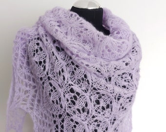 Light Lilac hand knitted alpaca and silk shawl Oversized scarf Lavender purple Lace Shawl Evening Wrap Triangle scarf Knit bandana gift