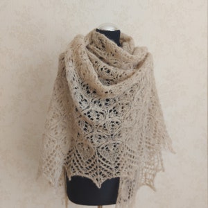 Oatmeal hand knitted alpaca and silk shawl Oversized scarf beige shawl Light Brown Lace Shawl Wrap Triangle scarf Knit bandana image 3