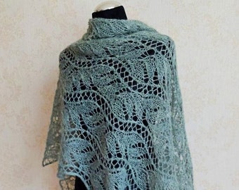 Sage Green Hand Knit Lace Shawl Handmade Aplaca  shawl Shoulder Wrap Silk Alpaca Wrap Oversized green scarf Green mohair wrap