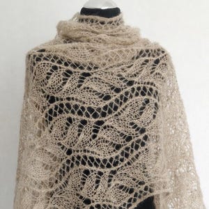 Oatmeal hand knitted alpaca and silk shawl Oversized beige scarf  Light Brown Lace Shawl Wrap rectangular scarf