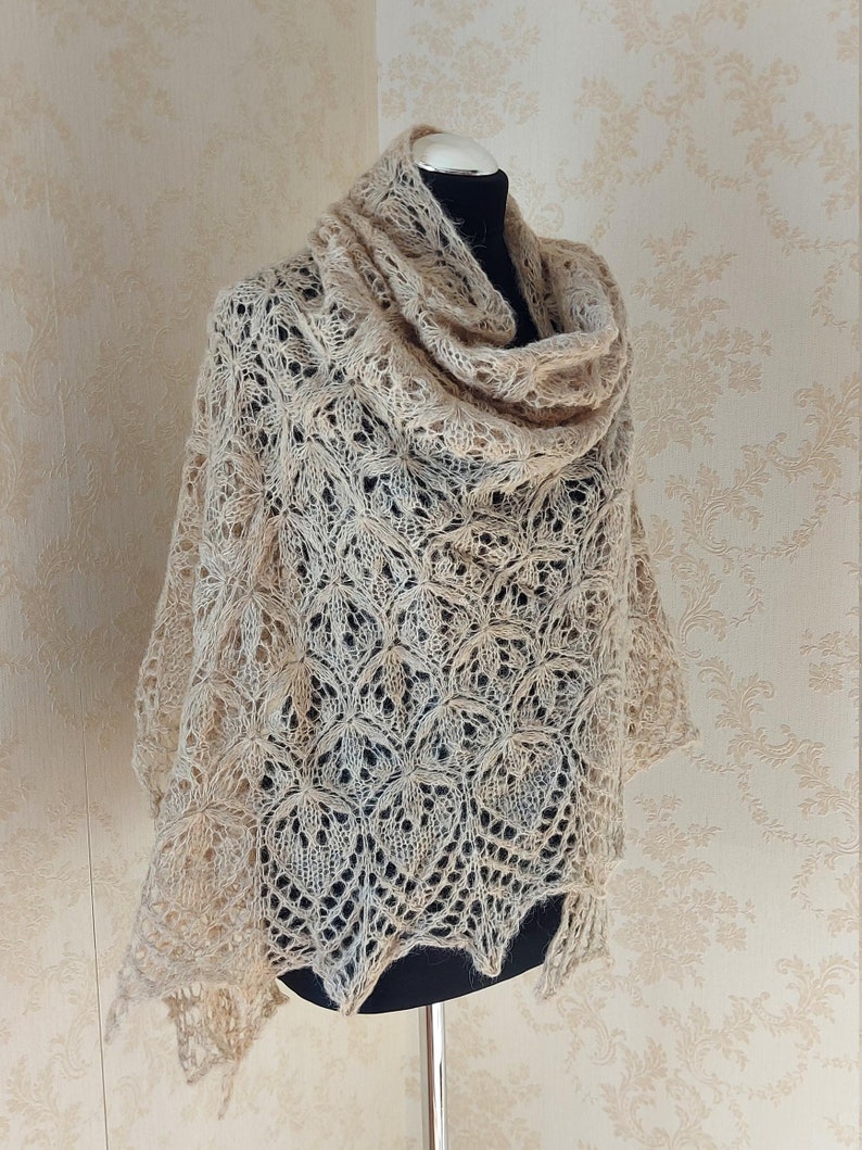 Oatmeal hand knitted alpaca and silk shawl Oversized scarf beige shawl Light Brown Lace Shawl Wrap Triangle scarf Knit bandana image 5