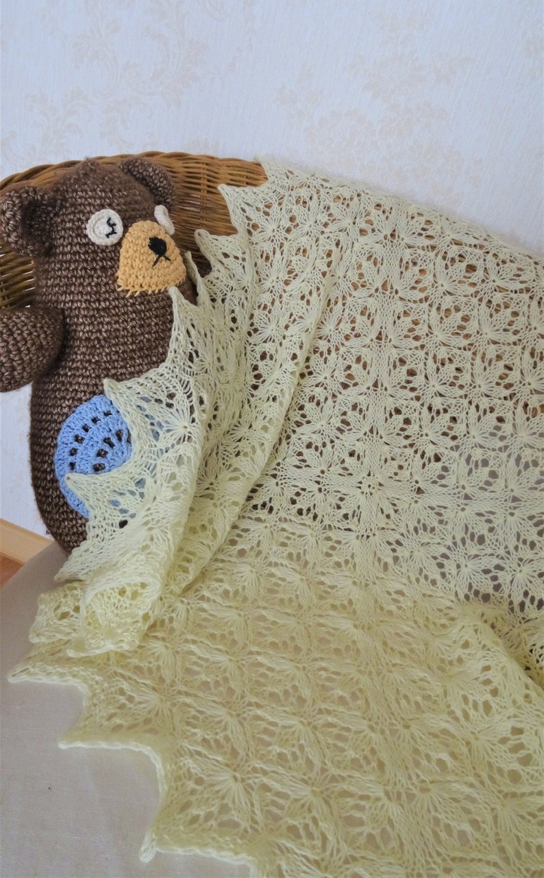 Yellow Hand Knit Baby Blanket, Merino Wool Baby Blanket,lace Baby