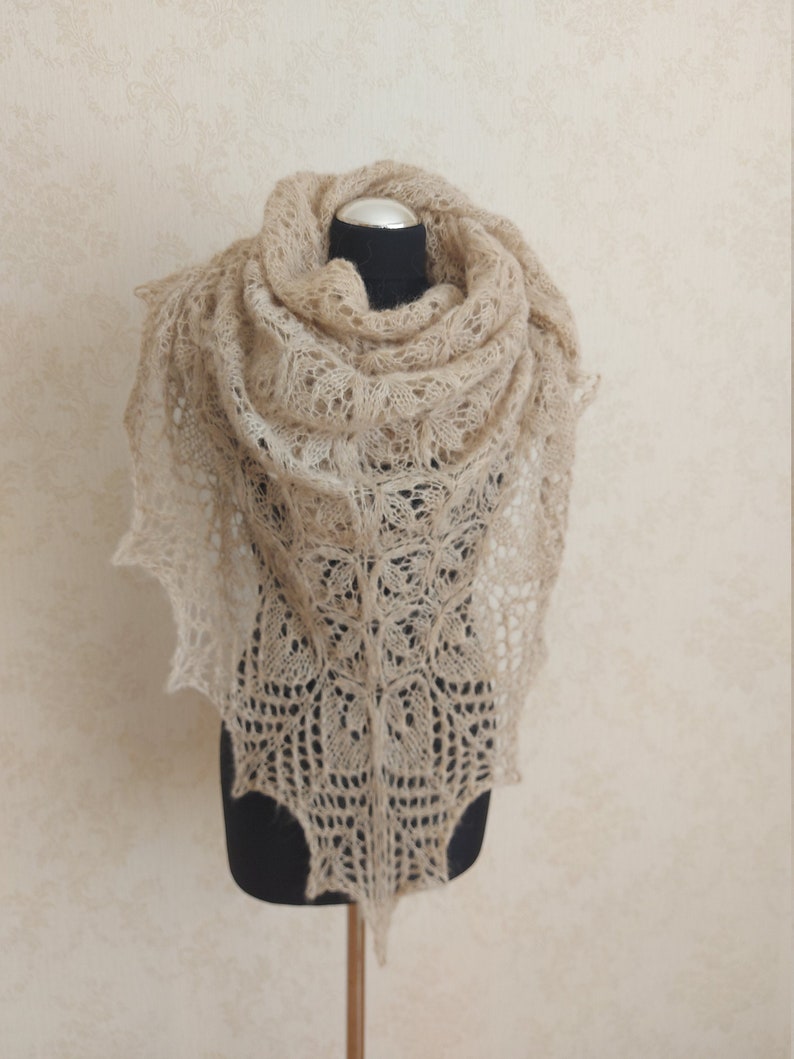 Oatmeal hand knitted alpaca and silk shawl Oversized scarf beige shawl Light Brown Lace Shawl Wrap Triangle scarf Knit bandana image 9
