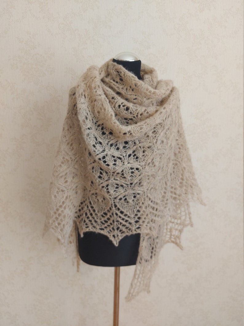 Oatmeal hand knitted alpaca and silk shawl Oversized scarf beige shawl Light Brown Lace Shawl Wrap Triangle scarf Knit bandana image 3