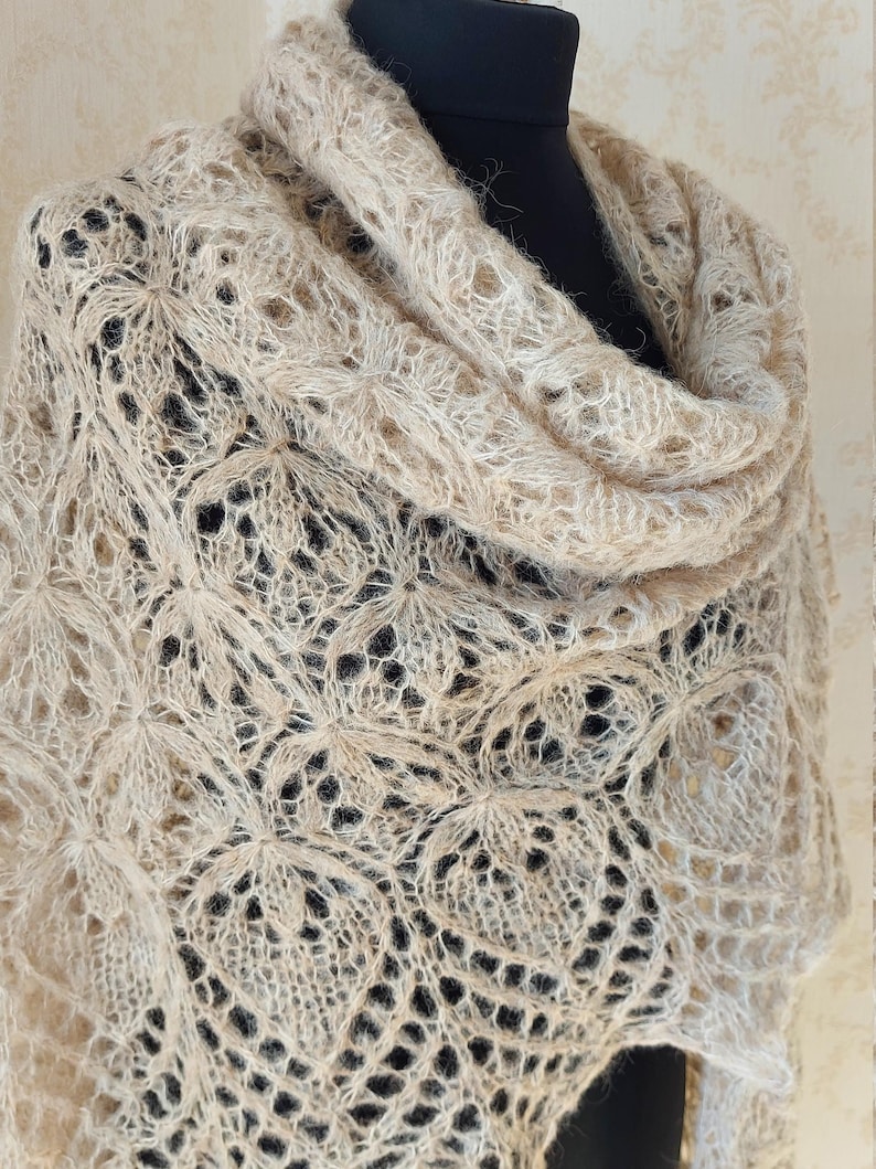 Oatmeal hand knitted alpaca and silk shawl Oversized scarf beige shawl Light Brown Lace Shawl Wrap Triangle scarf Knit bandana image 1