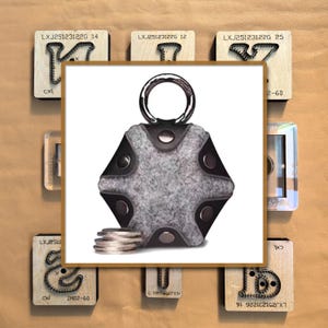 Puede incluir: Un llavero hexagonal de fieltro gris con un anillo plateado y detalles de cuero marrón oscuro. El llavero está rodeado de sellos de madera con varios diseños de letras y números, y el texto "LXJ25123122G" y "cxl".