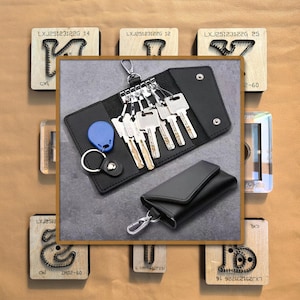 Op de afbeelding: Zwarte leren sleutelhouder met meerdere sleutels, een blauwe sleutelhanger en een zilveren karabijnhaak. De sleutelhouder is open en toont de sleutels, en een gesloten sleutelhouder bevindt zich eronder. Houten blokken met tekst op de achtergrond.