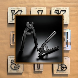 May include: Two black metal tools with springs, likely for crafting or jewelry making, are displayed against a dark background. Surrounding the tools are wooden blocks with metal shapes and text, suggesting a workshop or studio setting.