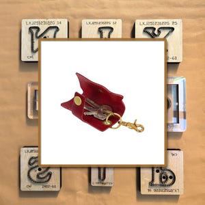 Könnte beinhalten: Ein roter Leder-Schlüsselhalter mit einem goldfarbenen Verschluss und einem Satz Schlüssel. Der Schlüsselhalter ist offen und zeigt die Schlüssel im Inneren. Der Hintergrund umfasst Holzblöcke mit Text und Designs.
