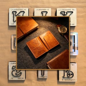 May include: A selection of brown leather items, including a wallet, journal, and watch, displayed on a grey surface. Wooden stamps with text are placed around the leather goods. The watch has a brown leather strap and a gold-coloured face.