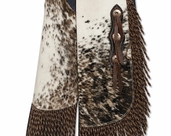 Men’s Cowhide Leather Chaps, White and Brown Hair-On Western Cowboy Fringe Pants