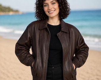 Women’s Brown Leather Bomber Jacket – Classic Zip-Up Casual Outerwear