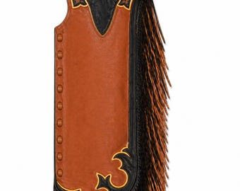 Handmade Tooled Brown Leather Chaps with Fringe Western Cowboy Riding Chaps