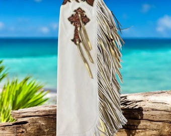 Handmade White Leather Western Chaps With Long Fringe Cowboy Riding Style