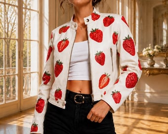 Women Strawberry Pattern Leather Biker Jacket | Cottagecore Streetwear Moto Coat