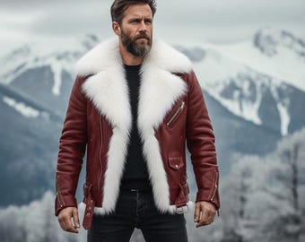 Blouson homme en cuir rouge avec col en fausse fourrure blanche, manteau motard d'hiver fait main