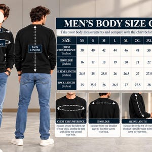 May include: A body size chart for a black sweatshirt, featuring a table with measurements in inches for sizes XS to 6XL. The graphic includes diagrams showing how to measure chest circumference, shoulder width, sleeve length, and back length.