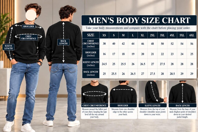 May include: A body size chart for a black sweatshirt, featuring a table with measurements in inches for sizes XS to 6XL. The graphic includes diagrams showing how to measure chest circumference, shoulder width, sleeve length, and back length.