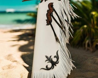 Handmade White Leather Western Chaps With Long Fringe Cowhide Rodeo Cowboy Wear