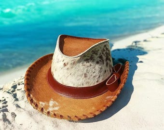 Handmade Cowhide Leather Fedora Hat with Stitched Brim – Western Beach Style Hat