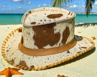 Handmade Cowhide Leather Cowboy Hat, Brown & White Western Hat