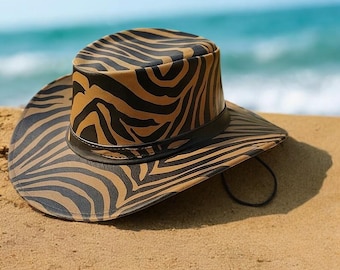 Handgefertigt Braun Zebra Print Leder Cowboy Hut Western Style Unisex Festival Wear