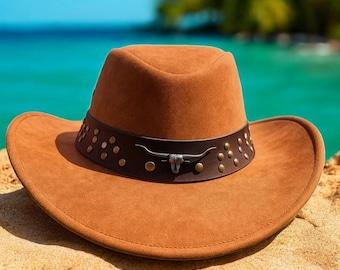 Brown Suede Western Cowboy Hat With Studded Leather Band and 