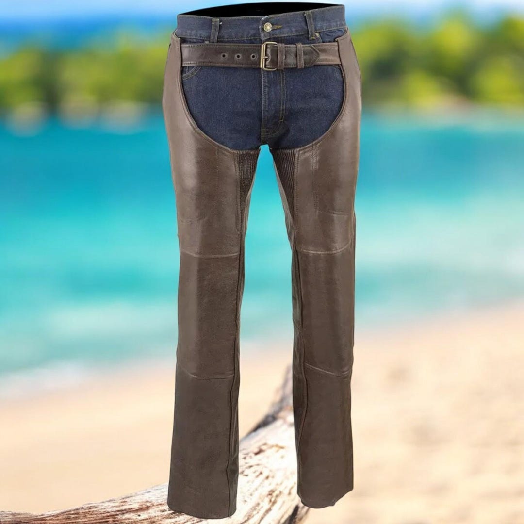 Men’s Brown Genuine Leather Motorcycle Chaps With Adjustable Waist Belt ...