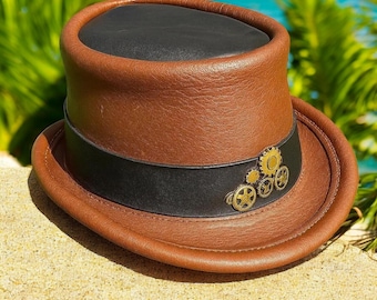 Handmade Brown Leather Steampunk Top Hat with Black Band and Gear Detail