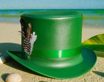 Handmade Green Leather Top Hat Vintage Feather Steampunk Gothic Costume