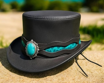 Black Leather Top Hat with Turquoise Band Steampunk Gothic Costume Hat