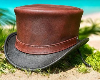 Handmade Brown & Black Leather Top Hat, Steampunk Victorian Style Hat